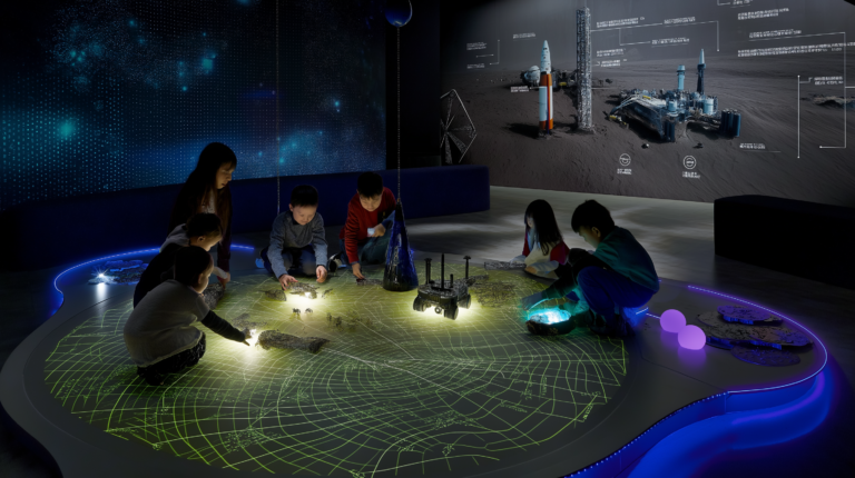 Six children with AR goggles assemble magnetic spacecraft components on curved wall