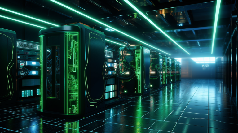 Futuristic liquid-cooled AI data center interior