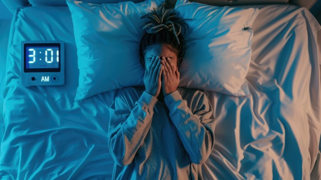 Person lying in bed awake at 3:01 AM with hands covering face.