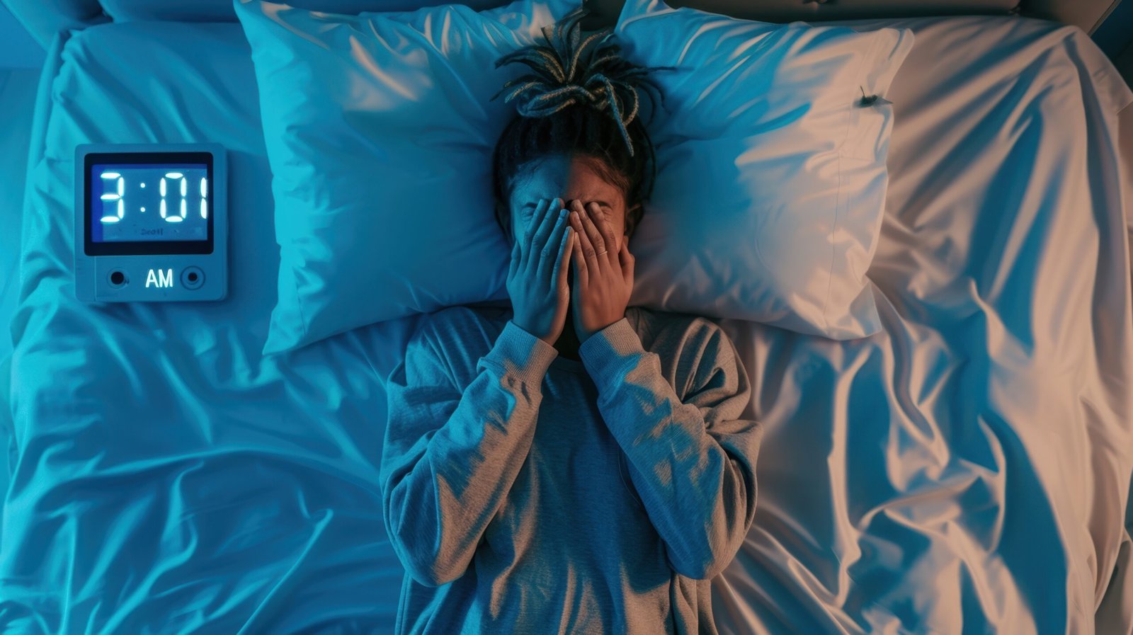 Person lying in bed awake at 3:01 AM with hands covering face.