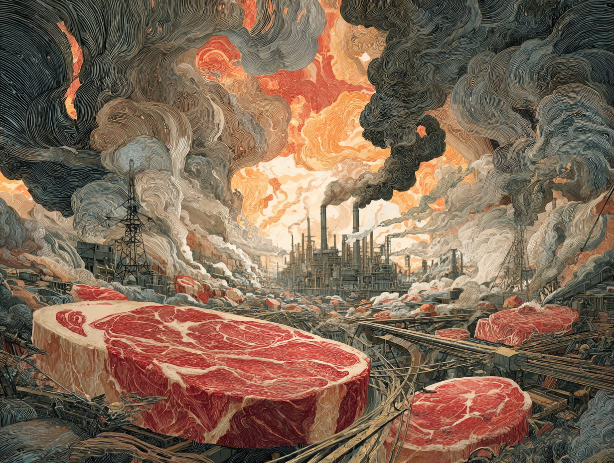 A surreal artistic representation of meat consumption and its environmental impact.