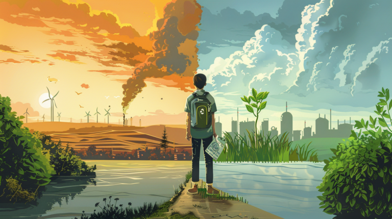 Gen Z young person standing between two contrasting world