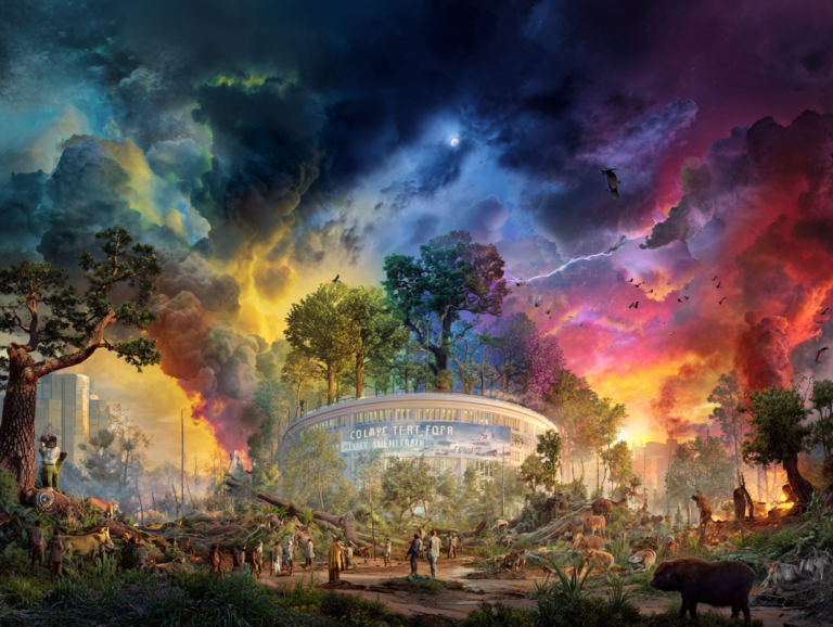 An impactful visual scene depicting a vibrant forest with diverse wildlife, endangered trees