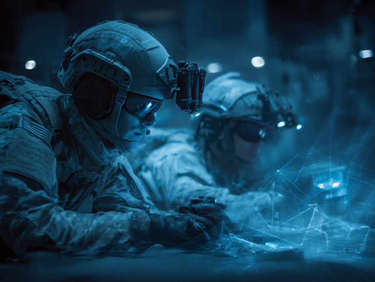 Futuristic military technology scene with an emphasis on advanced thermal and night vision systems.