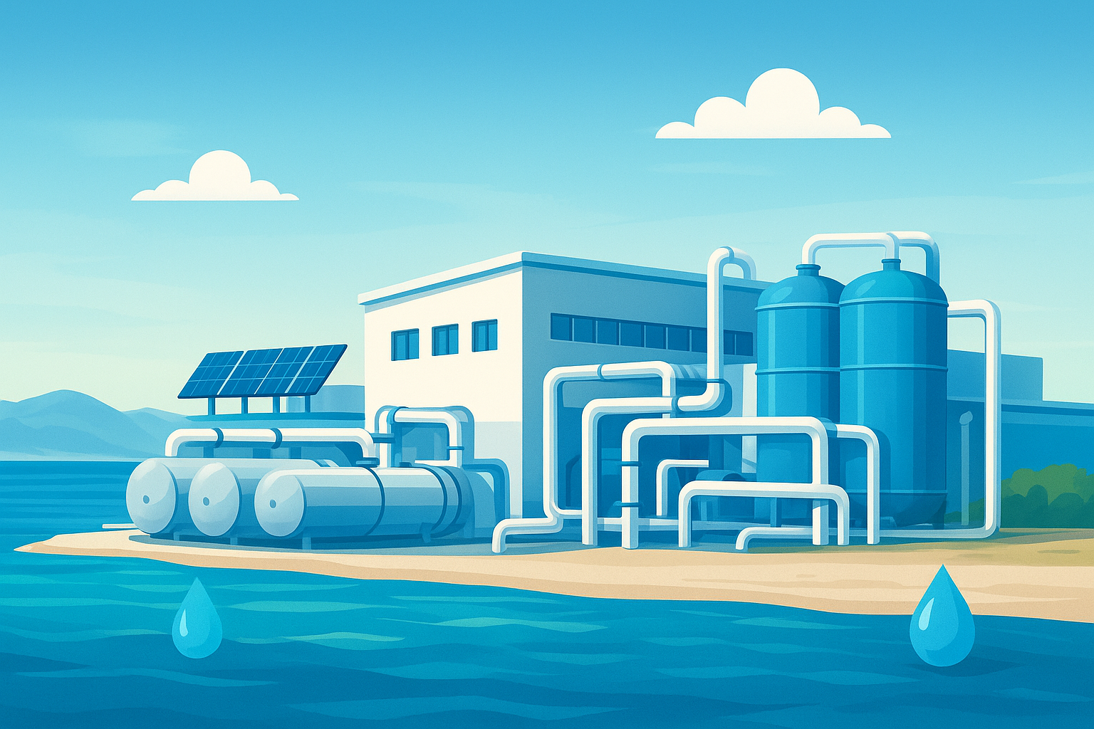 A modern desalination plant on the coast, surrounded by the sea and clear skies.