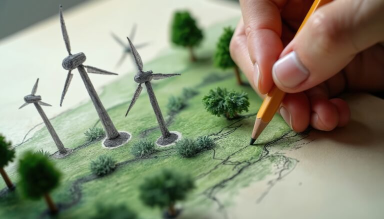 Close-up of hand drawing windmills with yellow pencil on paper. Green energy concept sketch, wind power plant design environmental innovation and sustainability vision project.