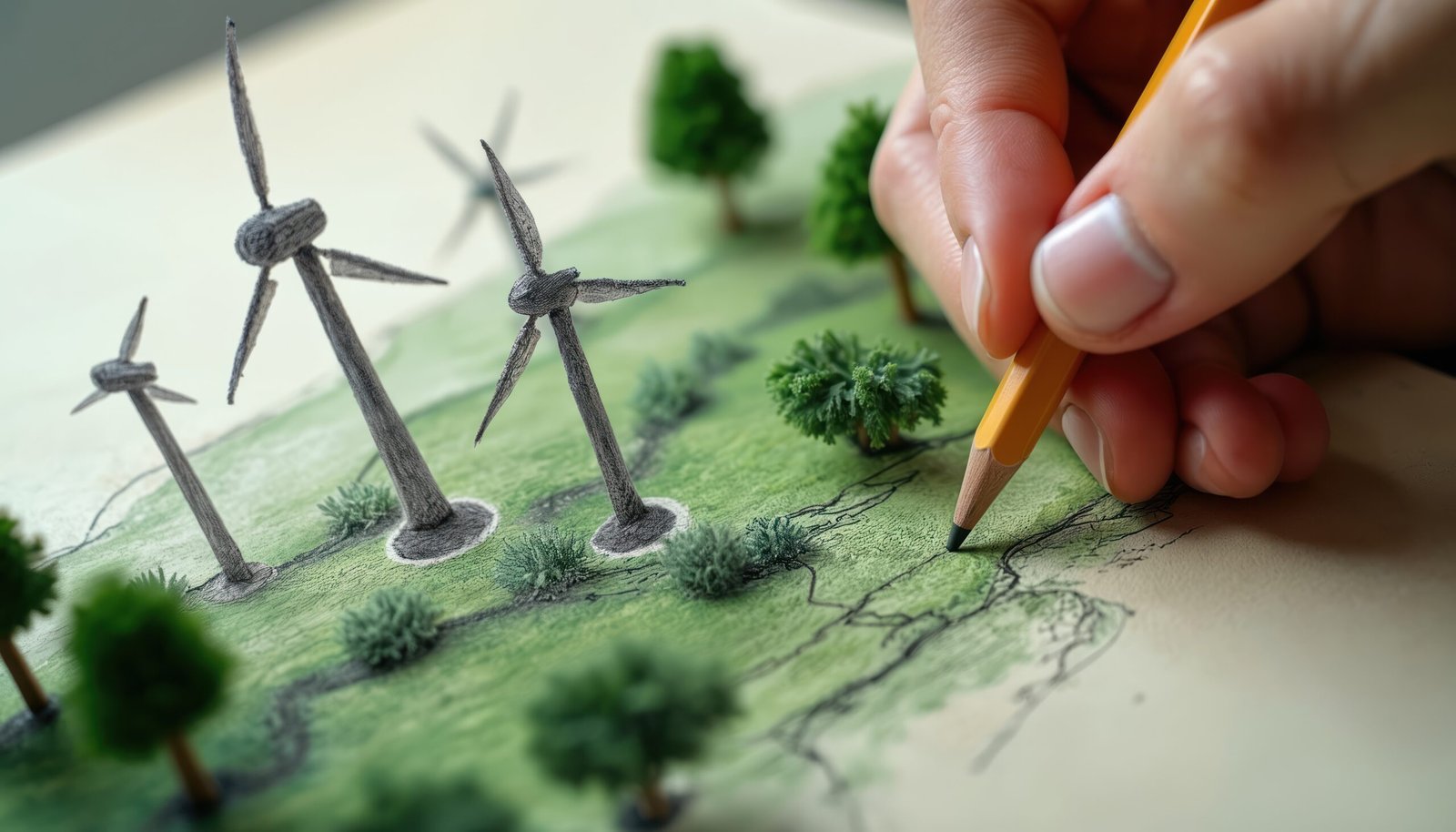 Close-up of hand drawing windmills with yellow pencil on paper. Green energy concept sketch, wind power plant design environmental innovation and sustainability vision project.
