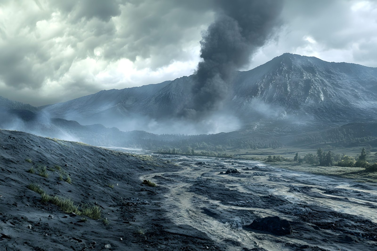Dramatic volcanic landscape with smoke and rugged terrain.
