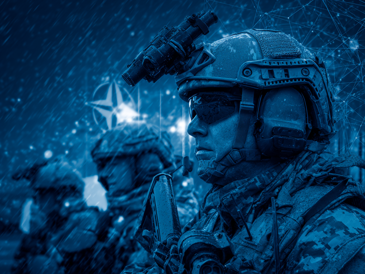 Futuristic military technology scene with an emphasis on advanced thermal and night vision systems