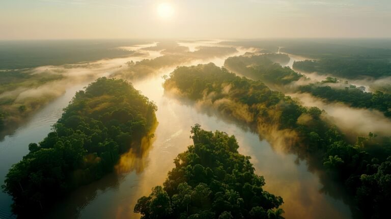 landscape river in forest on morning in summer weather