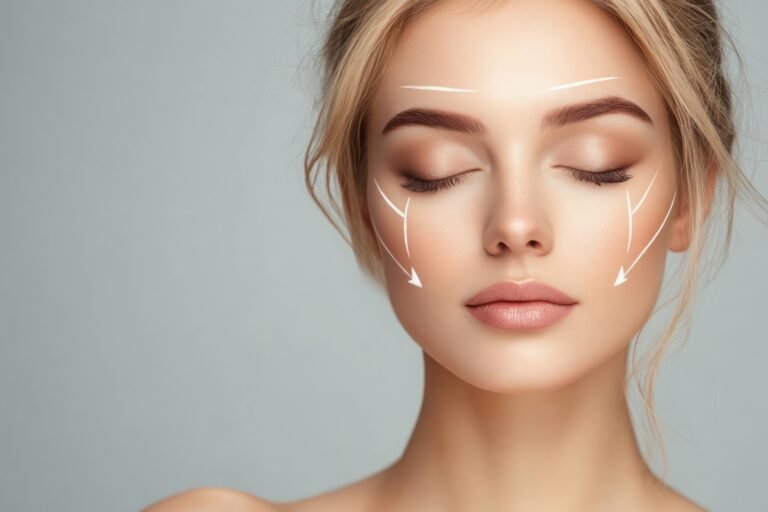 Young woman with perfect skin after cosmetic treatment with lifting arrows on her face