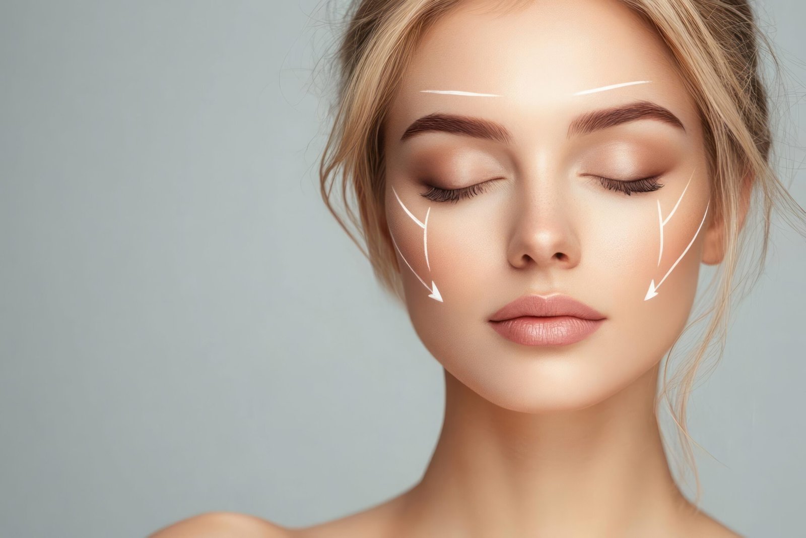 Young woman with perfect skin after cosmetic treatment with lifting arrows on her face