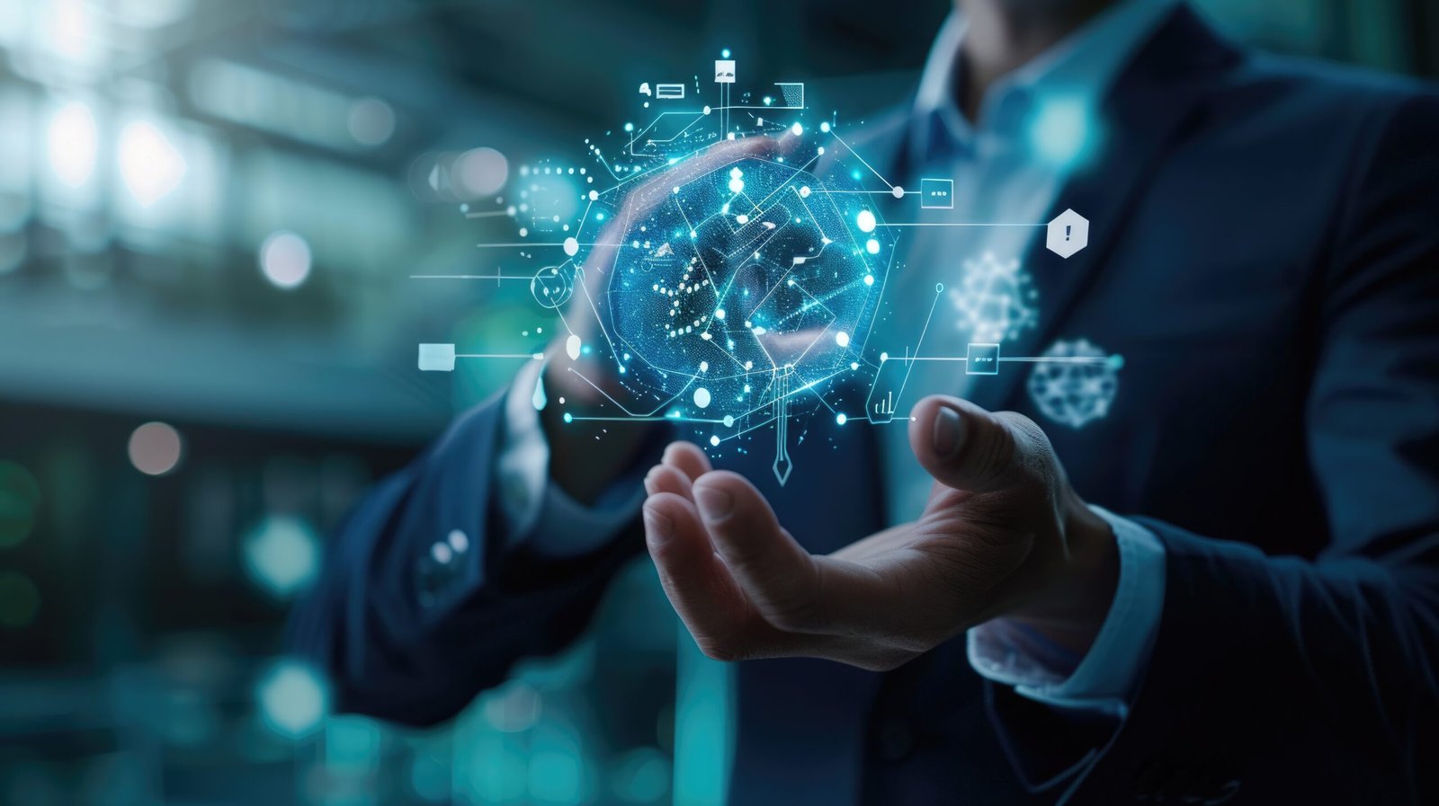 businessman holding a glowing globe with technology icons AIG51A.