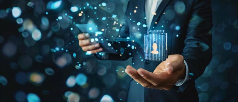 A businessman touching virtual hologram screen graph of growth