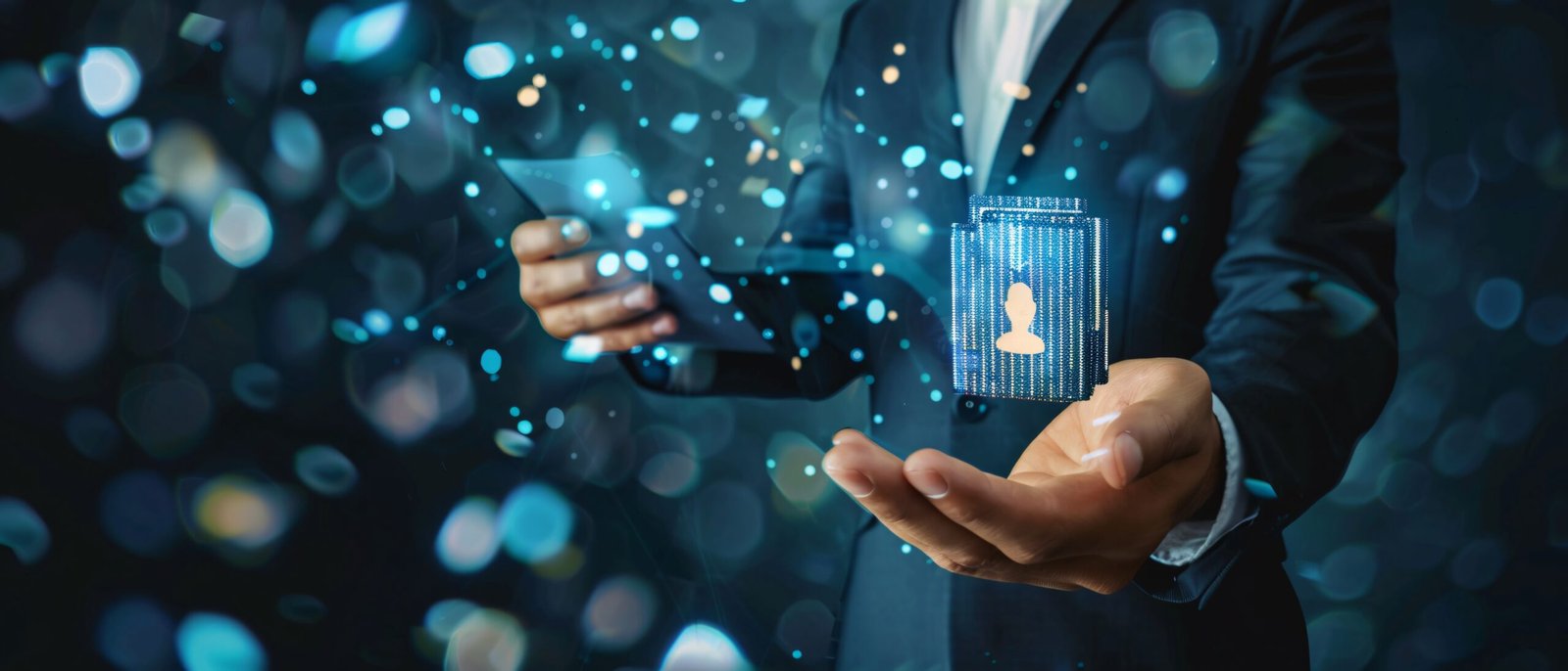 A businessman touching virtual hologram screen graph of growth