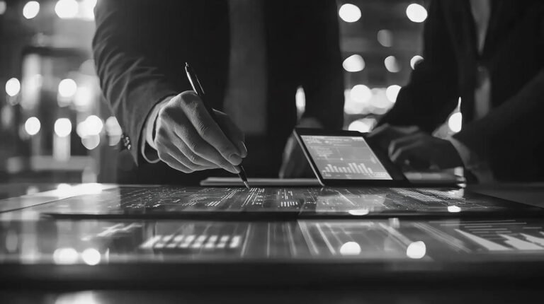 Businessmen analyzing data on digital tablets.