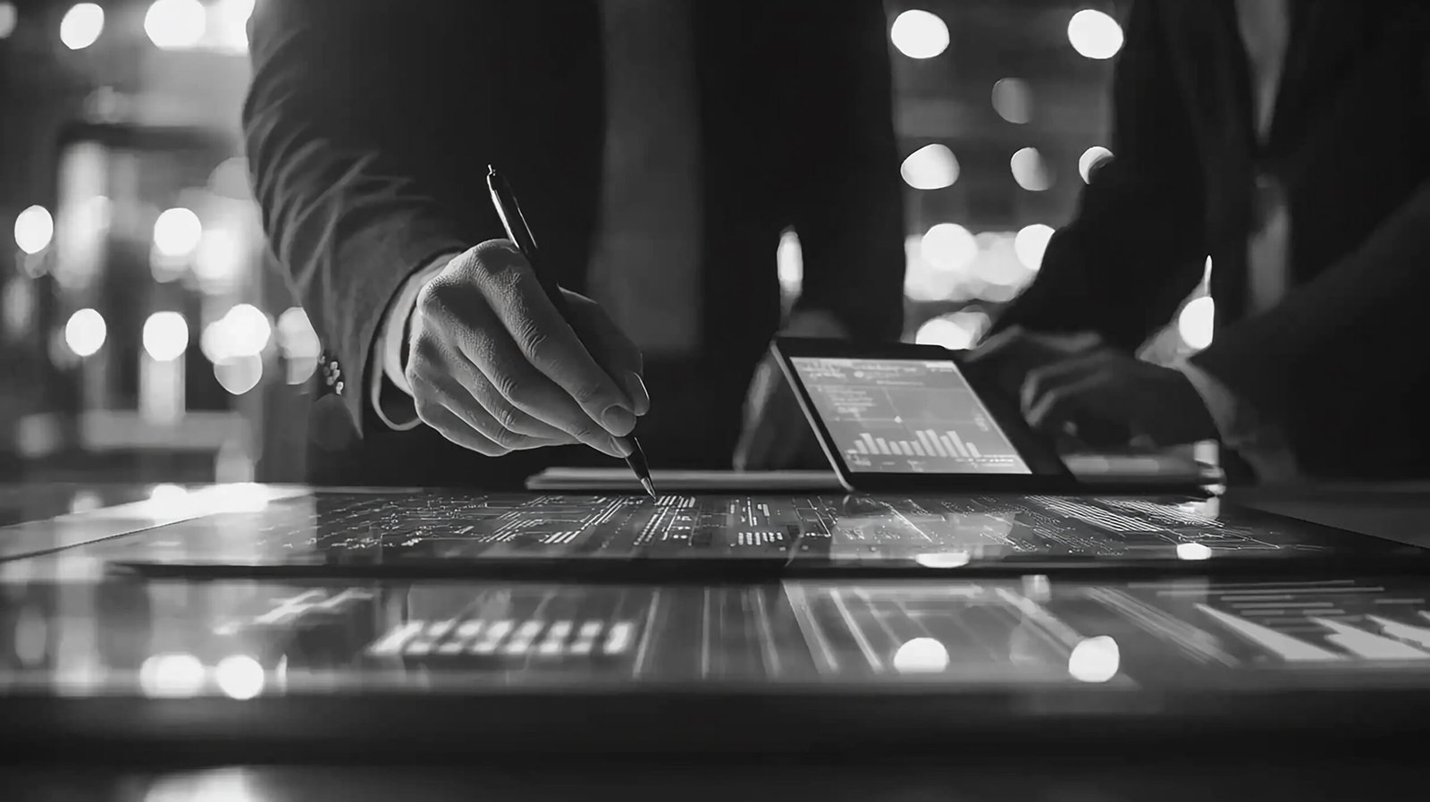 Businessmen analyzing data on digital tablets.