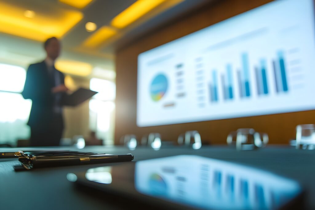 Executive giving a financial report presentation on a projector screen in a corporate boardroom setting showcasing business strategy data analysis and financial performance for the organization