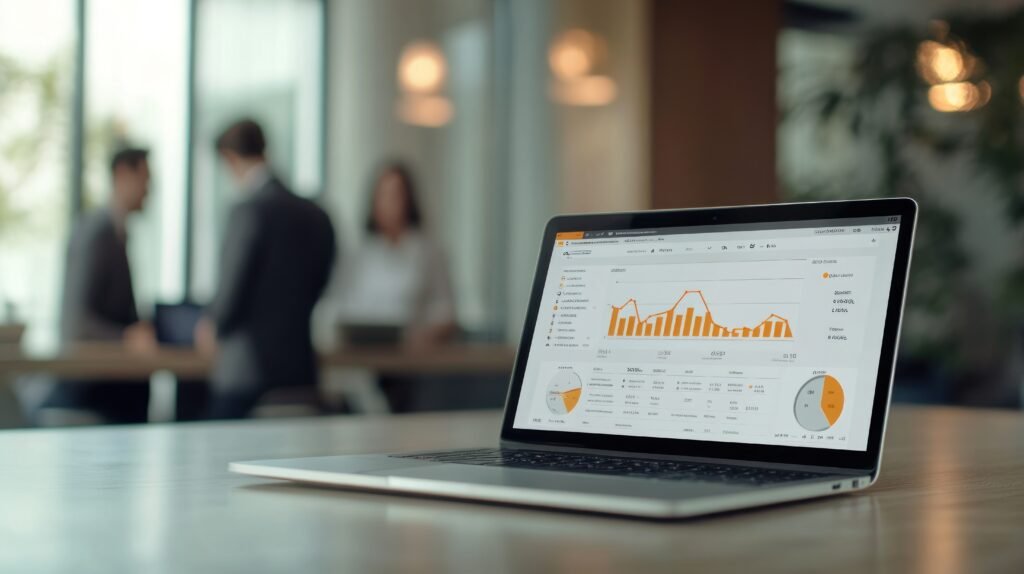 A laptop displaying data analytics in a modern office setting with people in the background.