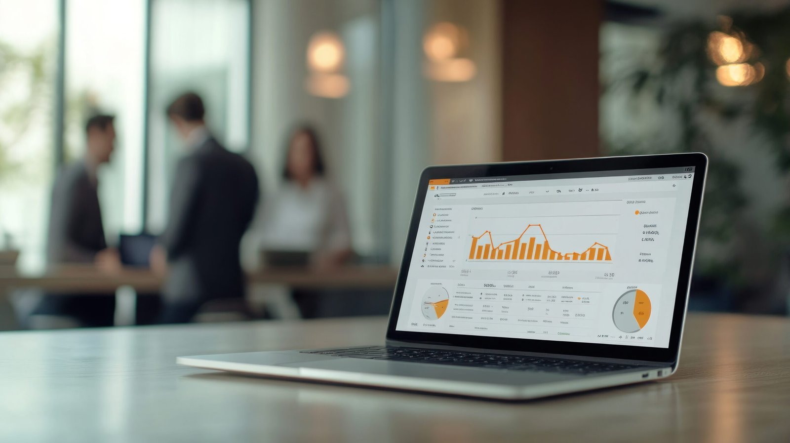 A laptop displaying data analytics in a modern office setting with people in the background.
