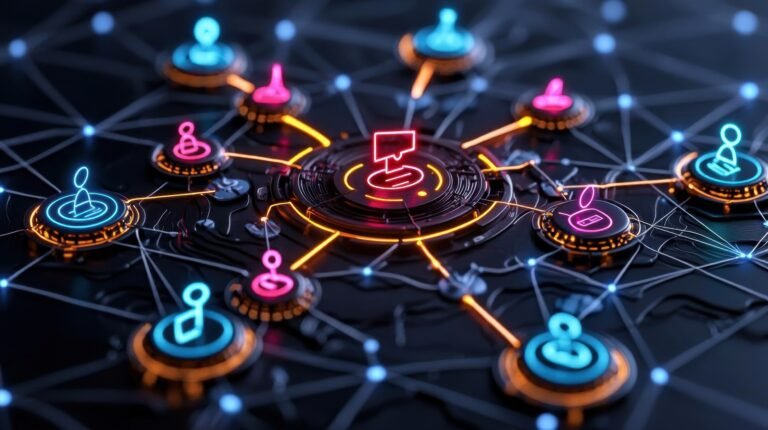 An abstract design of social media platforms connected by swirling neon data lines