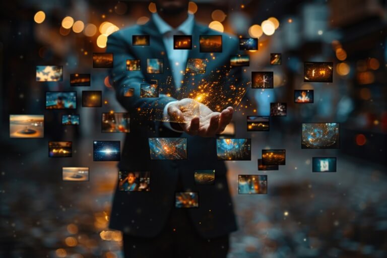 A businessman with his hands outstretched, holding a glowing sphere of images, symbolizing the vast amount of data and information available in the digital age.