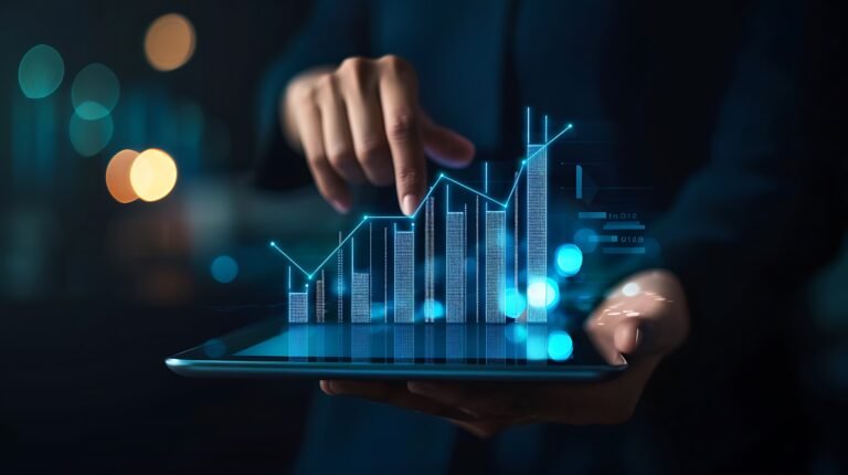 Hand Holding Tablet with Digital Graph for Business Growth, Analyzing Data, Business Growth, Analytics.