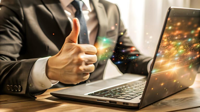 holographic-laptop-with-glowing-thumbs-up-ample-copy-space-white-background-concept-as-pr