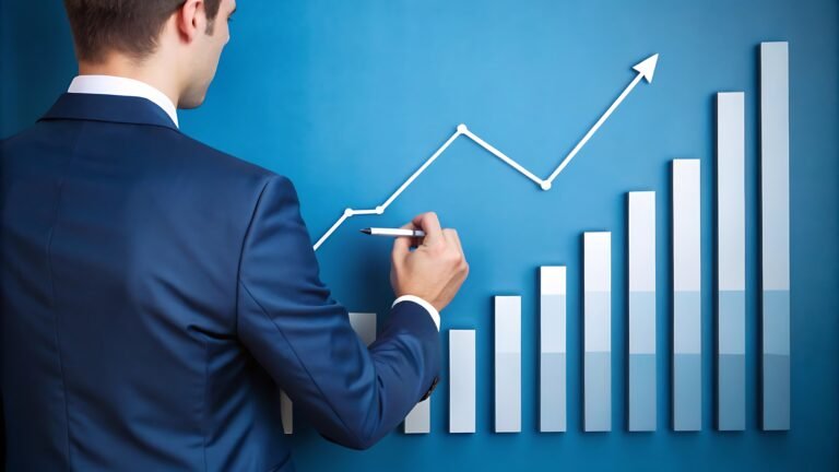 Business Planning Growth Chart and Strategy on Blue Background