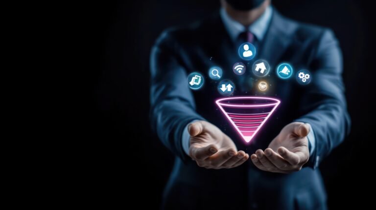 Businessman holding hands with a digital marketing funnel, representing Drip Campaigns strategy, lead nurturing, conversion path