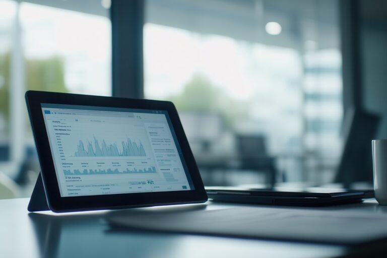 A modern tablet displays glowing financial data with rising graphs, ideal for business analysis in a contemporary office setting. Perfect for showcasing digital analytics.