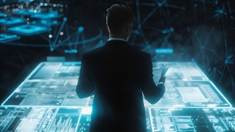 Businessman reviewing business report in holographic style