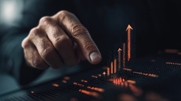 A modern scene showcasing business growth through data analytics, featuring a hand pointing at upward trends on a digital interface. Perfect for illustrating financial success and innovation.